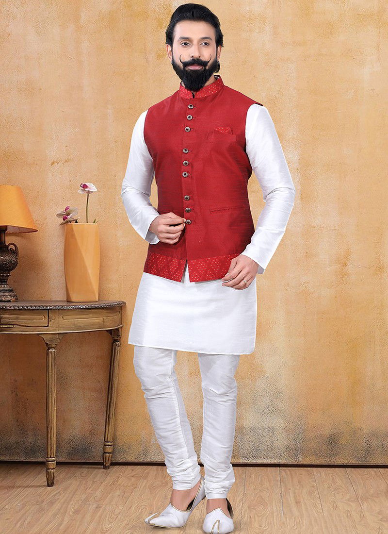 Red And White Colour Designer Silk Party Wear Kurta Pajama With Jacket Collection 1258